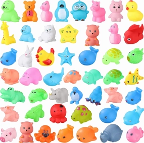 Chivao 50 Pcs Baby Bath Toys Bulk Infant Water Float Squeak Rubber Bathtub Pool Toy for Toddlers Kids Baby Shower Party Favors Birthday Gifts, Random Style