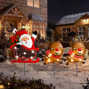 Christmas Yard Stakes Light Up Christmas Yard Decorations with LED Santa Claus Reindeers in Sleigh Lighted Metal Yard Stakes Outdoor Christmas Garden Stake Lawn Pathway Outdoor Decoration