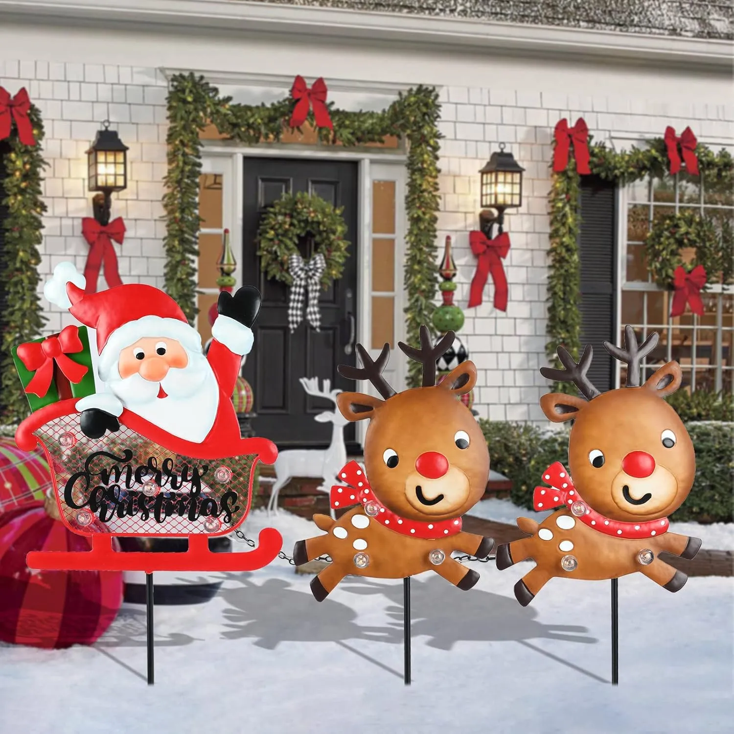 Christmas Yard Stakes Light Up Christmas Yard Decorations with LED Santa Claus Reindeers in Sleigh Lighted Metal Yard Stakes Outdoor Christmas Garden Stake Lawn Pathway Outdoor Decoration