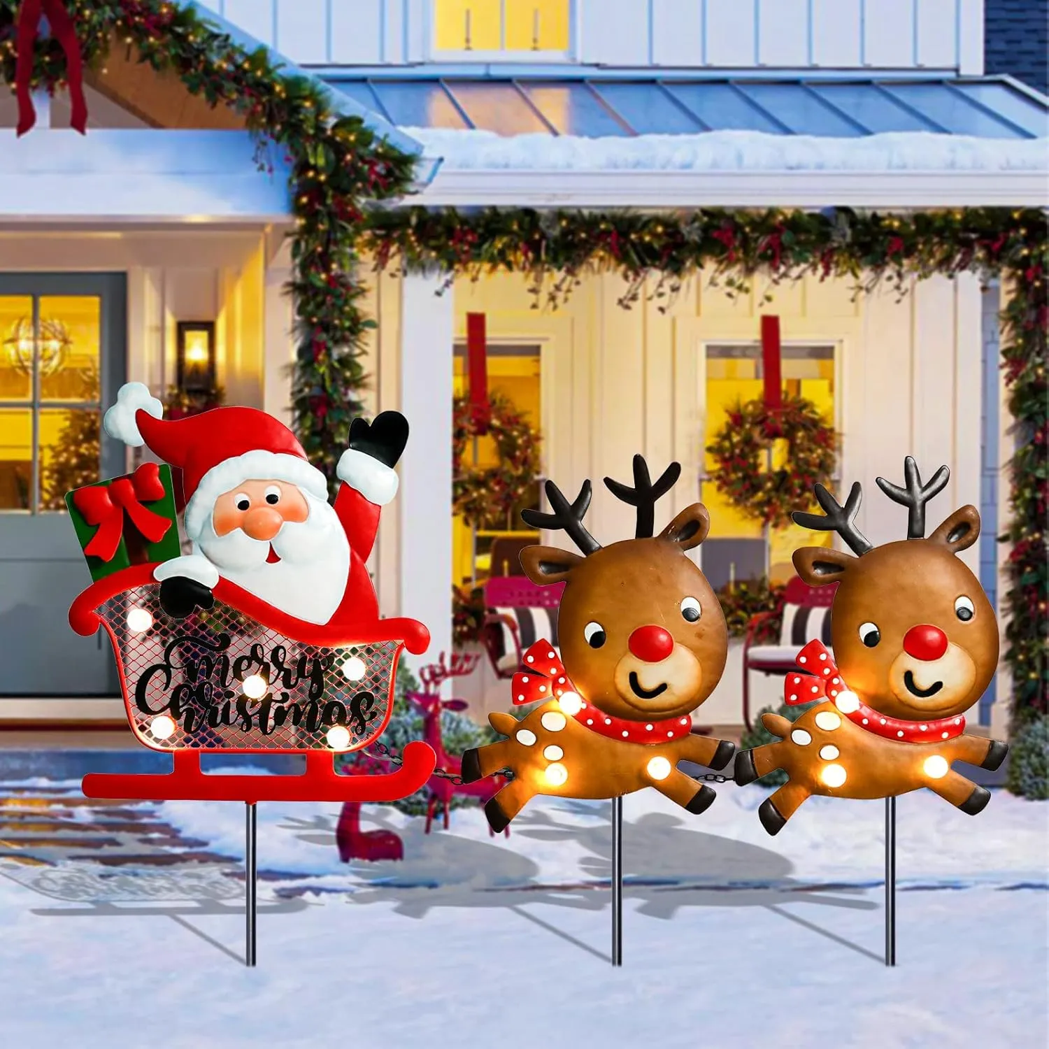 Christmas Yard Stakes Light Up Christmas Yard Decorations with LED Santa Claus Reindeers in Sleigh Lighted Metal Yard Stakes Outdoor Christmas Garden Stake Lawn Pathway Outdoor Decoration