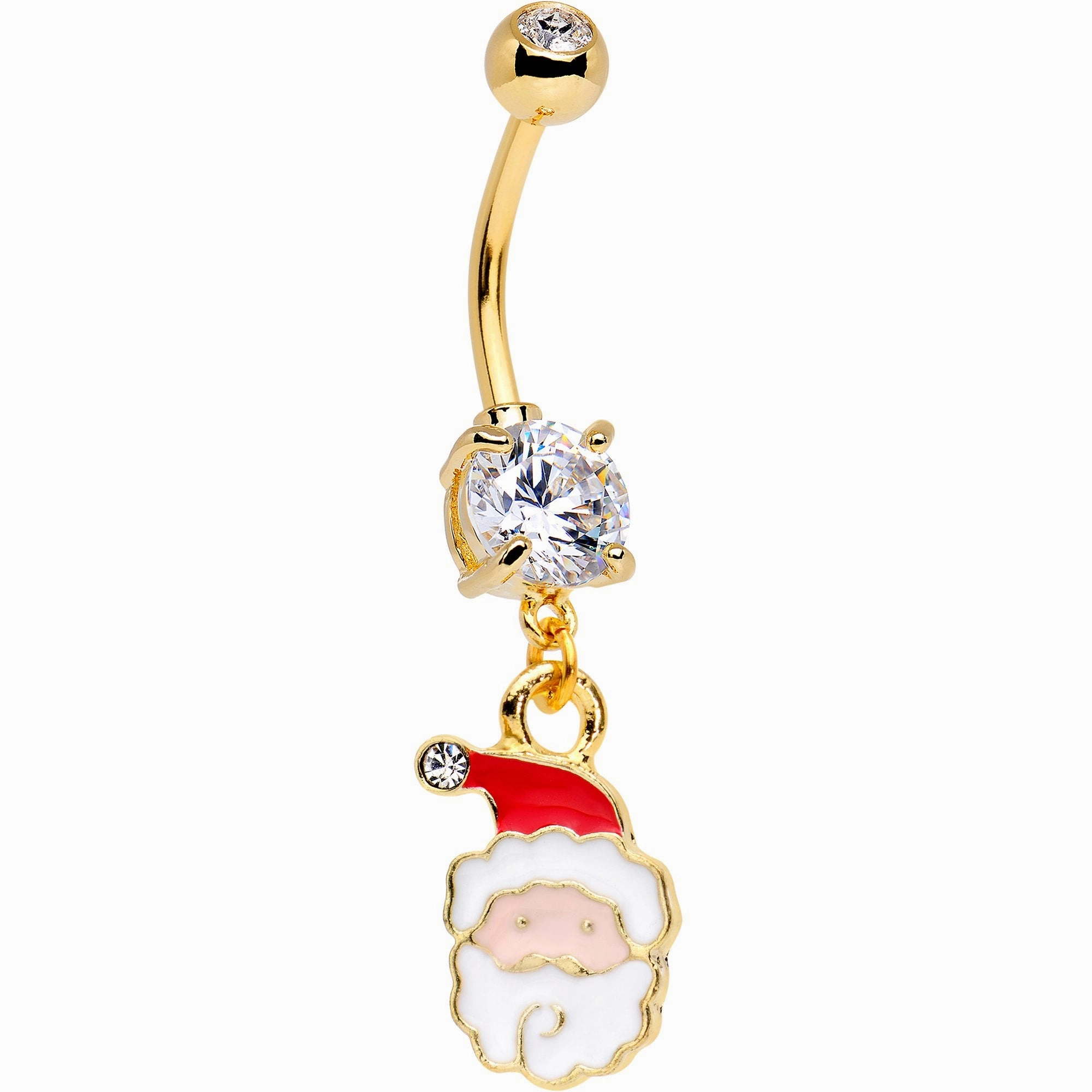 Clear Gem Gold Tone Anodized Jolly Santa Dangle Belly Ring