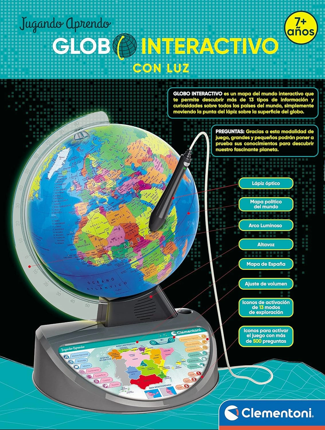 Clementoni - Exploramundo Arco Luminoso - Interactive Globe with Light, Ages 7 and Up, Toy in Spanish (55386)
