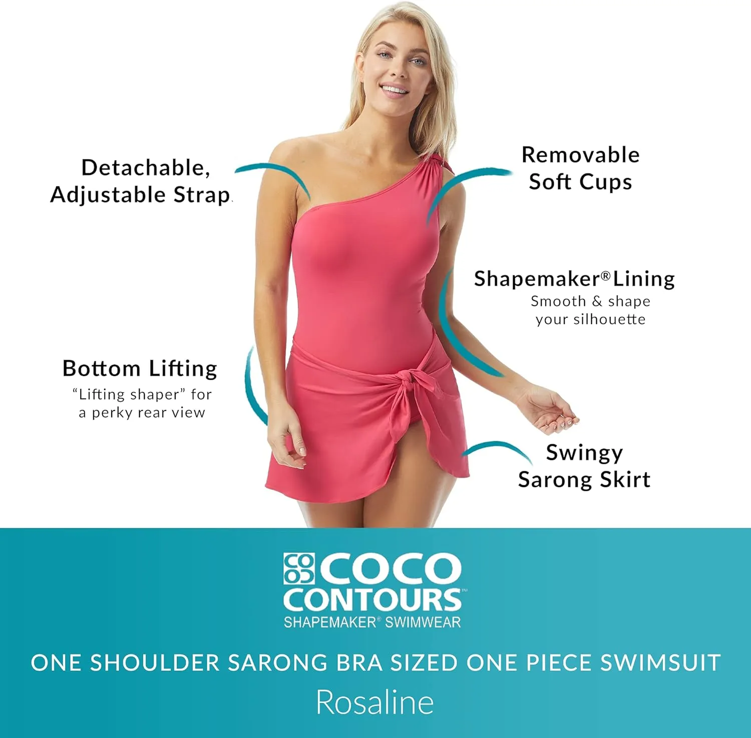 Coco Contours Rosaline One Shoulder Sarong One Piece Swimsuit — Bra Sized Figure Shaping Swimwear