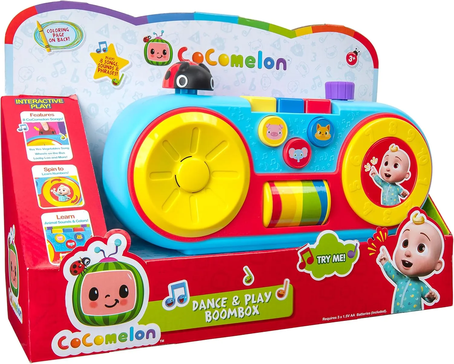 CoComelon Dance and Play Boombox, 8 Full Songs, Colors, Animal Sounds, Numbers- Educational Music Toys, Carry N’ Go Handle, Toys for Kids and Preschoolers