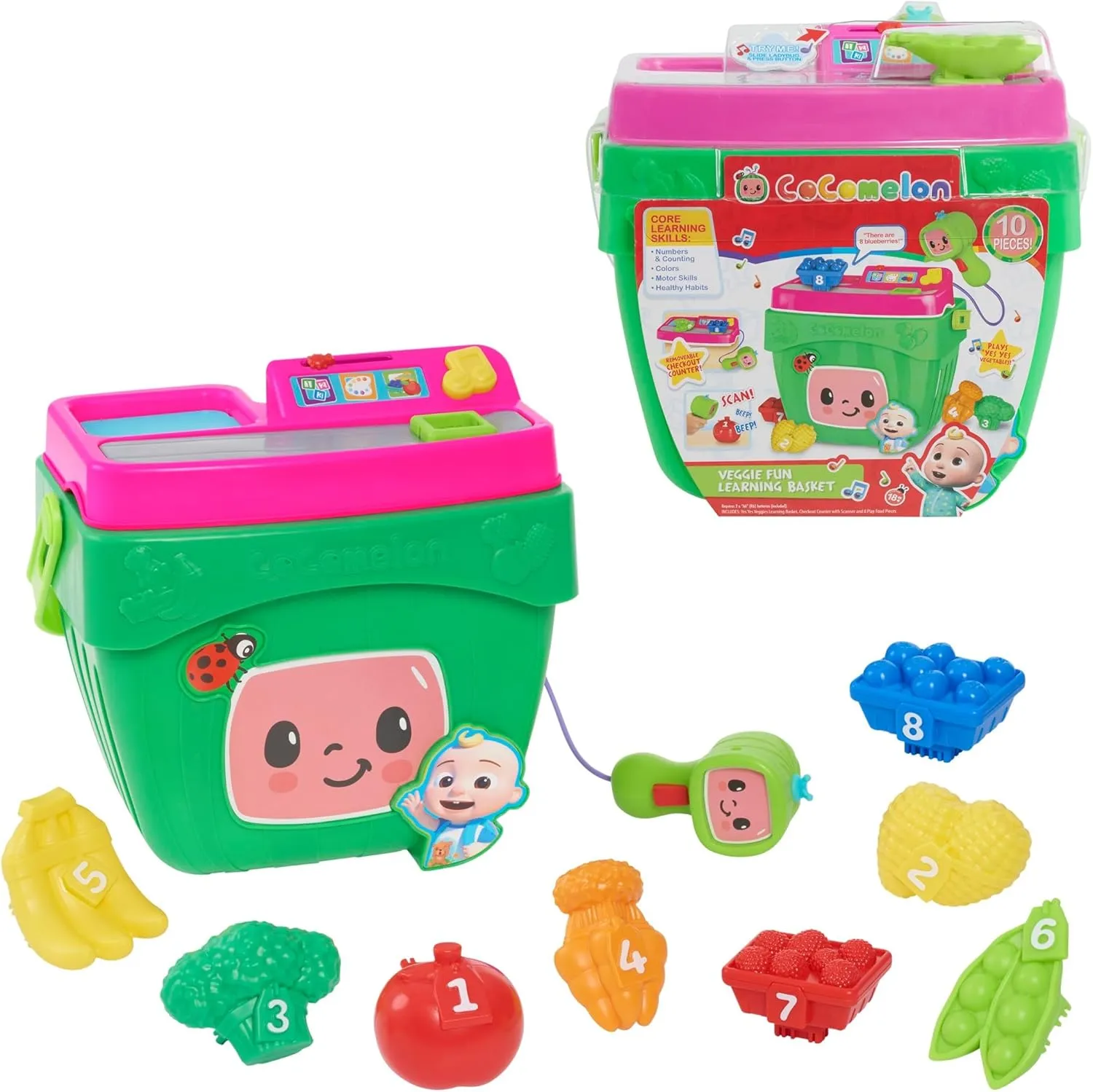 CoComelon Veggie Fun Learning Basket, Pretend Play Food, Preschool Learning and Education, 10-pieces, Music and Sounds, Officially Licensed Kids Toys for Ages 18 Month by Just Play