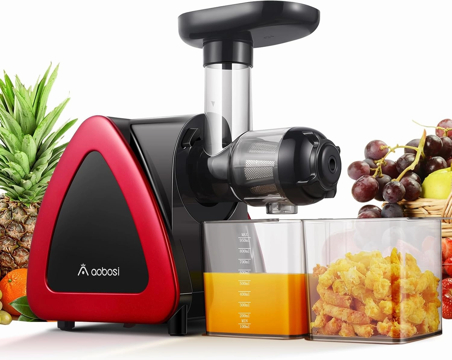 Cold Press Juicer, Aobosi Juicer Machine,Slow Masticating Juicers Machines with Reverse Function, Quiet Motor, High Juice Yield with Juice Jug & Brush for Cleaning (Red)