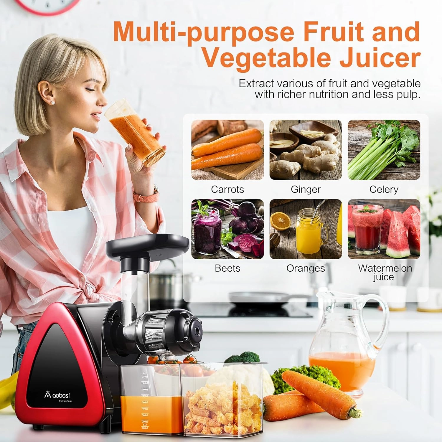 Cold Press Juicer, Aobosi Juicer Machine,Slow Masticating Juicers Machines with Reverse Function, Quiet Motor, High Juice Yield with Juice Jug & Brush for Cleaning (Red)