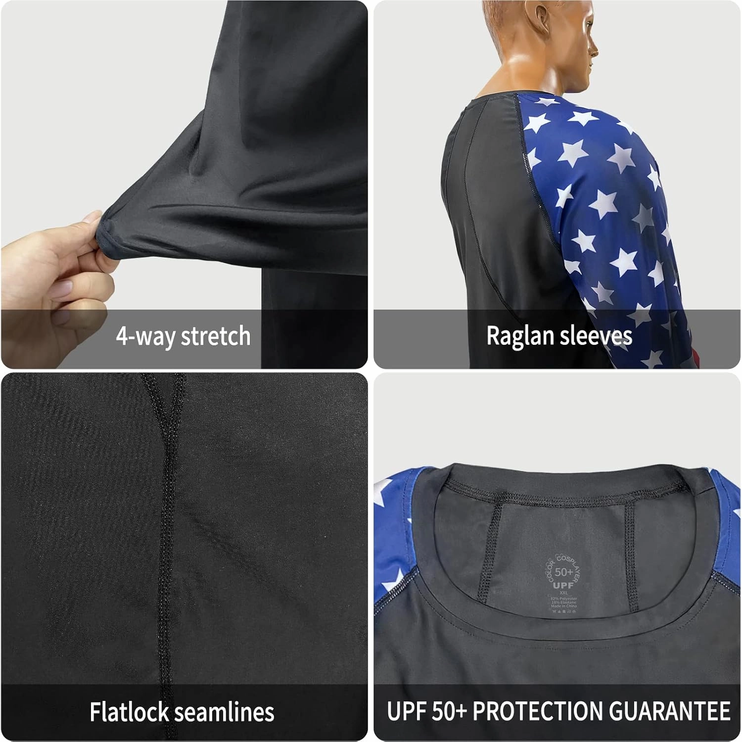 color cosplayer Jiu Jitsu Men American Flag UPF 50  Sun Protection Printed Rash Guard Long Sleeve Swim Shirts