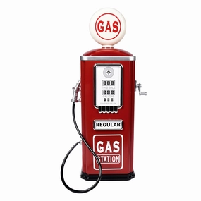Constructive Playthings Kids Steel Vintage Gas Station Toy With Child-Size Pump and Nozzle, Simulation Toy for Ages 3 , Red