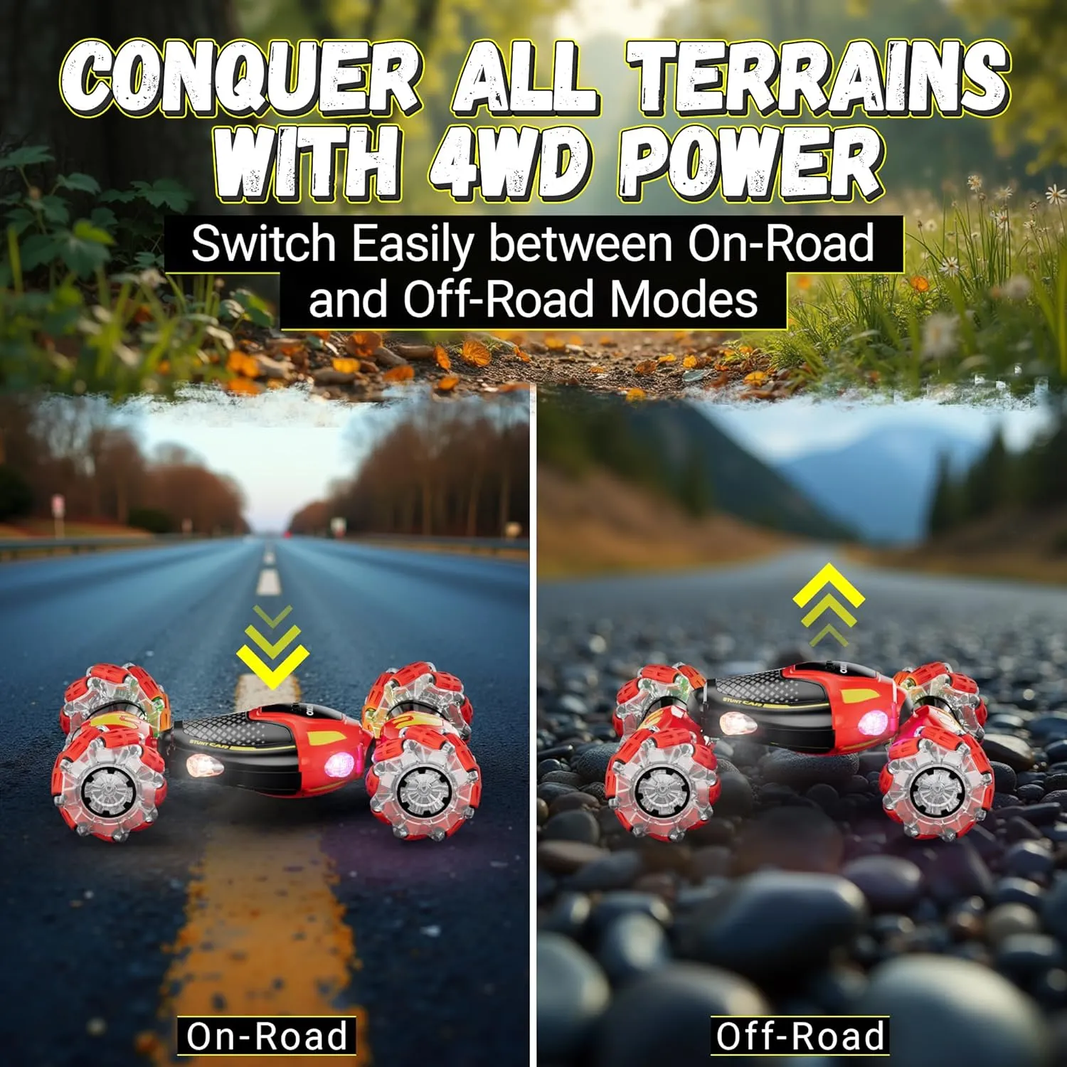 Contixo Rc Stunt Racing Cars, Red 4WD Off-Road Rotate 360 Degrees Double-Sided Driving Flips & Spins Bluetooth Remote Control Cars Kid Toys with Lights Music for Boys & Girls Ages 6 