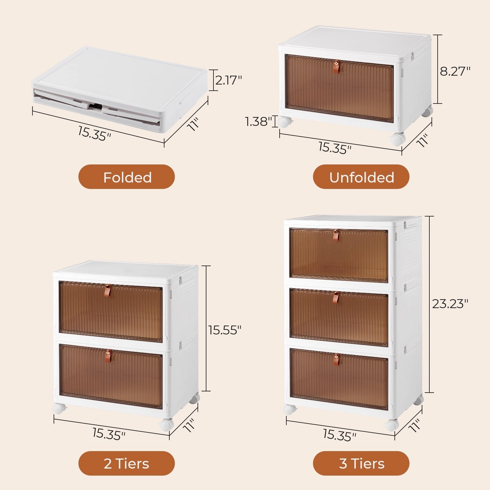 COOKCOK 3 Tier Foldable Storage Box, Plastic Drawers with lids Storage Organizer Containers for Bedroom, Toys Room, Kitchen, Office, Stackable Storage Bins with Wheels