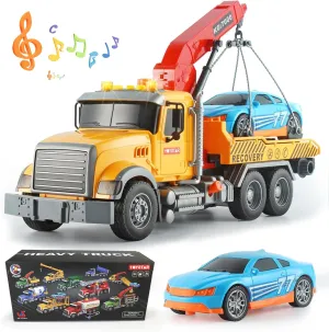 CORPER TOYS 15'' Friction Powered Large Rescue Tow Truck Toys with Race Car for Kids with Sounds and Lights Play Truck Vehicle Gift for Birthday Christmas