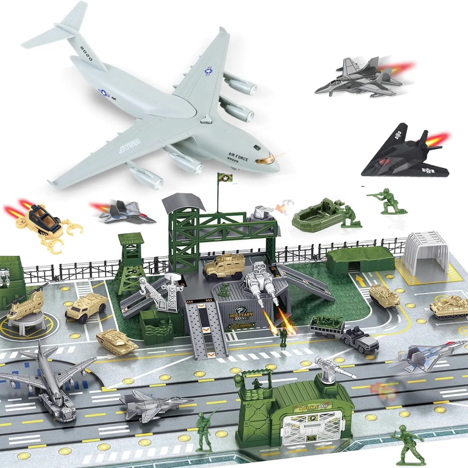 CORPER TOYS Diecast Pullback Army Plane Toy with Military Base Plaset with Vehicles,Army Men Action Figures,Play Map for Kids