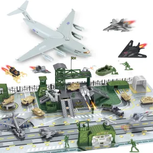 CORPER TOYS Diecast Pullback Army Plane Toy with Military Base Plaset with Vehicles,Army Men Action Figures,Play Map for Kids