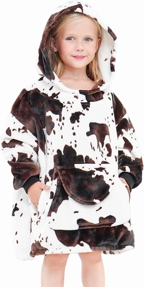 cow print Wearable Blanket Hoodie for Kids Oversize Blanket Hoodies Cozy Black and White Fleece Sweatshirt Blanket Gifts for Girls Boys 2-5 Year Old