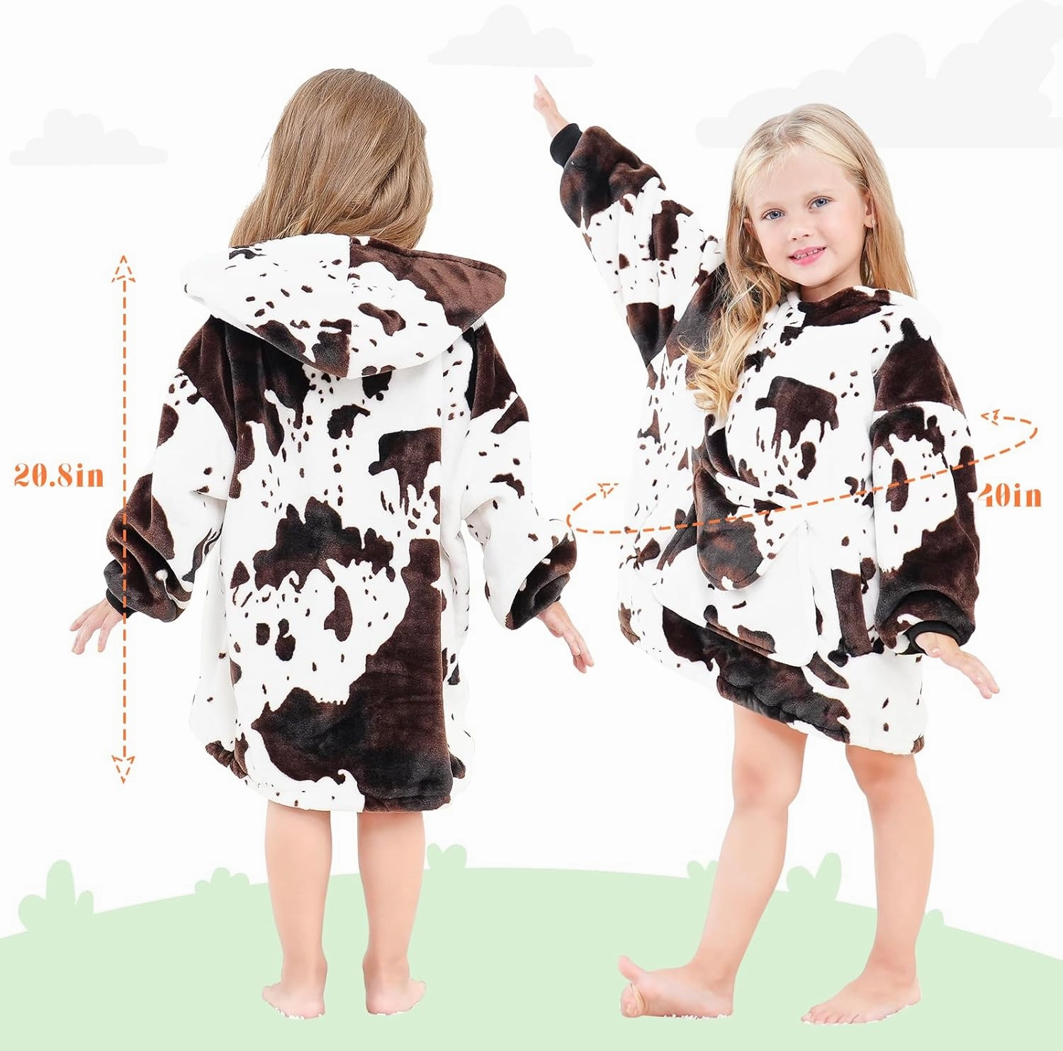 cow print Wearable Blanket Hoodie for Kids Oversize Blanket Hoodies Cozy Black and White Fleece Sweatshirt Blanket Gifts for Girls Boys 2-5 Year Old