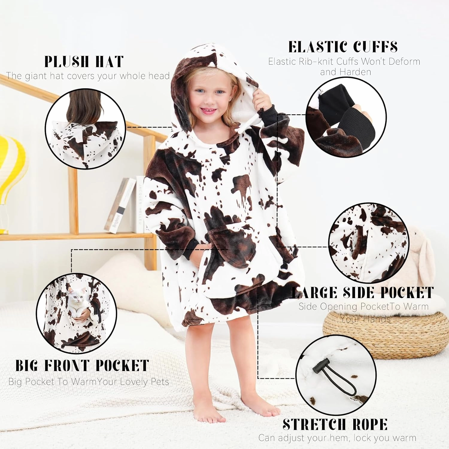 cow print Wearable Blanket Hoodie for Kids Oversize Blanket Hoodies Cozy Black and White Fleece Sweatshirt Blanket Gifts for Girls Boys 2-5 Year Old