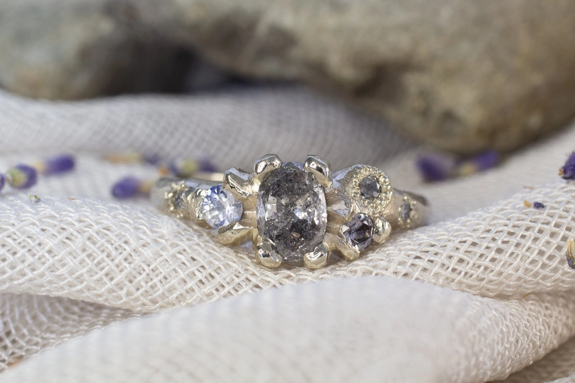 Cumulus Ring - 14ct White Gold with Salt and Pepper Diamonds, Spinel and Sapphire
