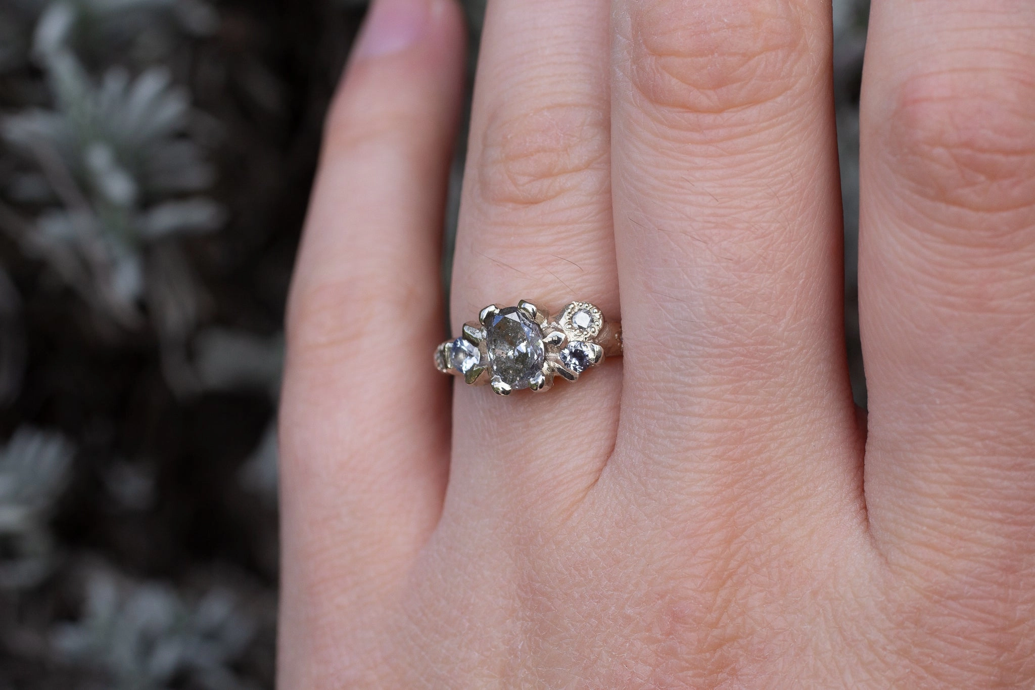 Cumulus Ring - 14ct White Gold with Salt and Pepper Diamonds, Spinel and Sapphire