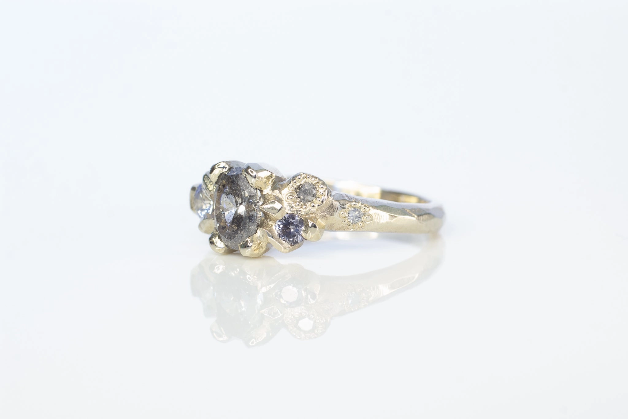 Cumulus Ring - 14ct White Gold with Salt and Pepper Diamonds, Spinel and Sapphire