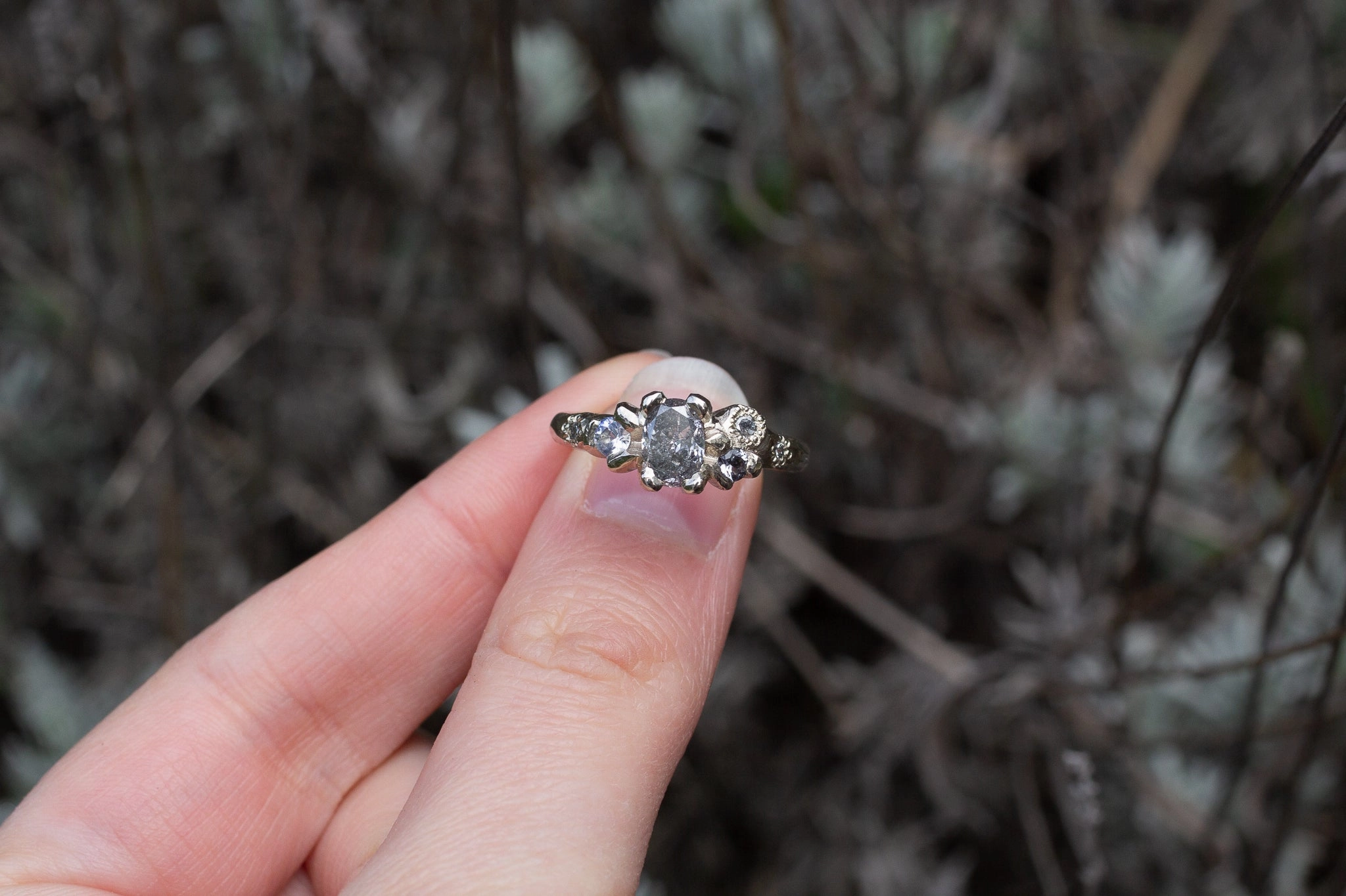 Cumulus Ring - 14ct White Gold with Salt and Pepper Diamonds, Spinel and Sapphire