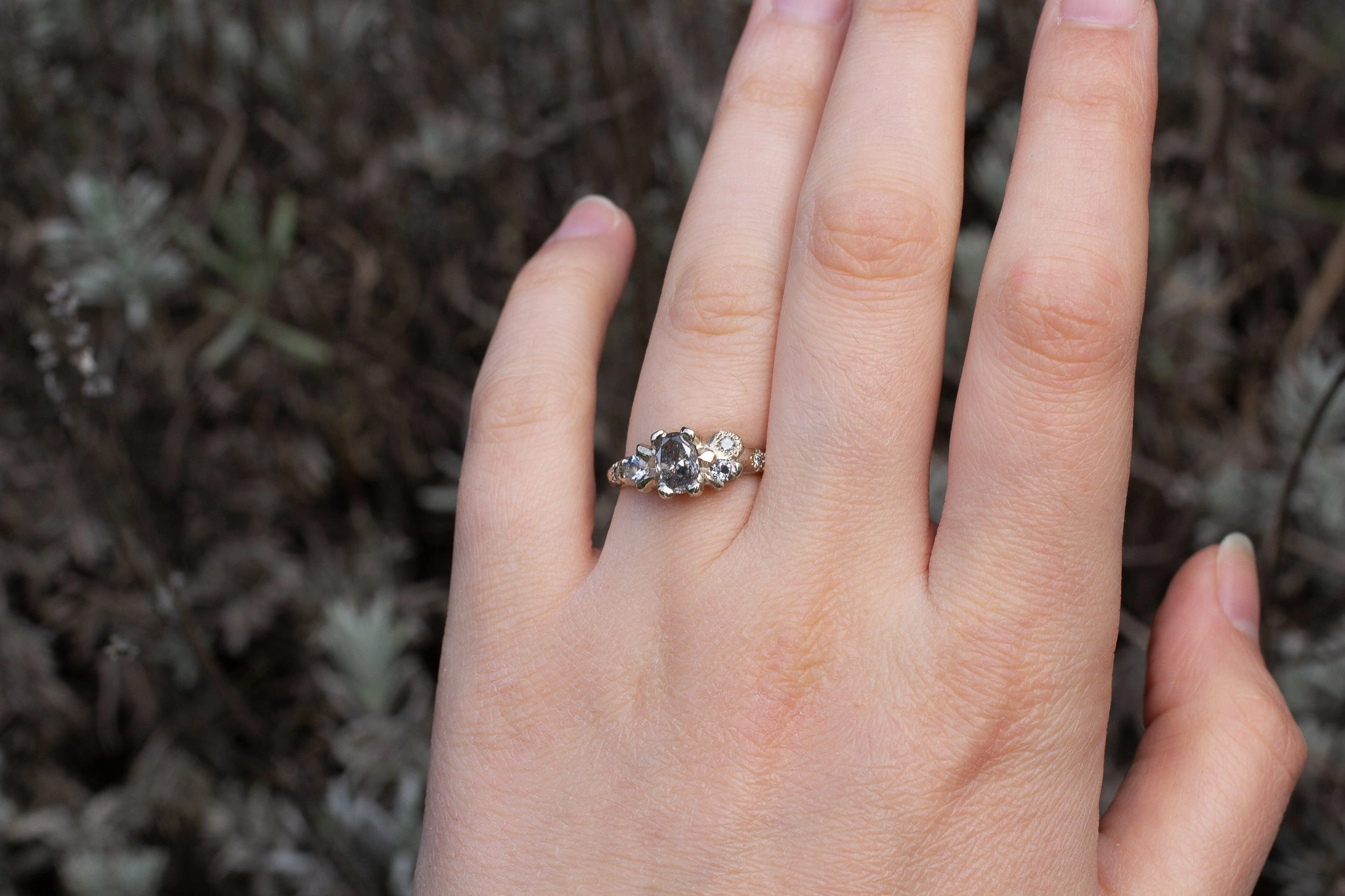Cumulus Ring - 14ct White Gold with Salt and Pepper Diamonds, Spinel and Sapphire