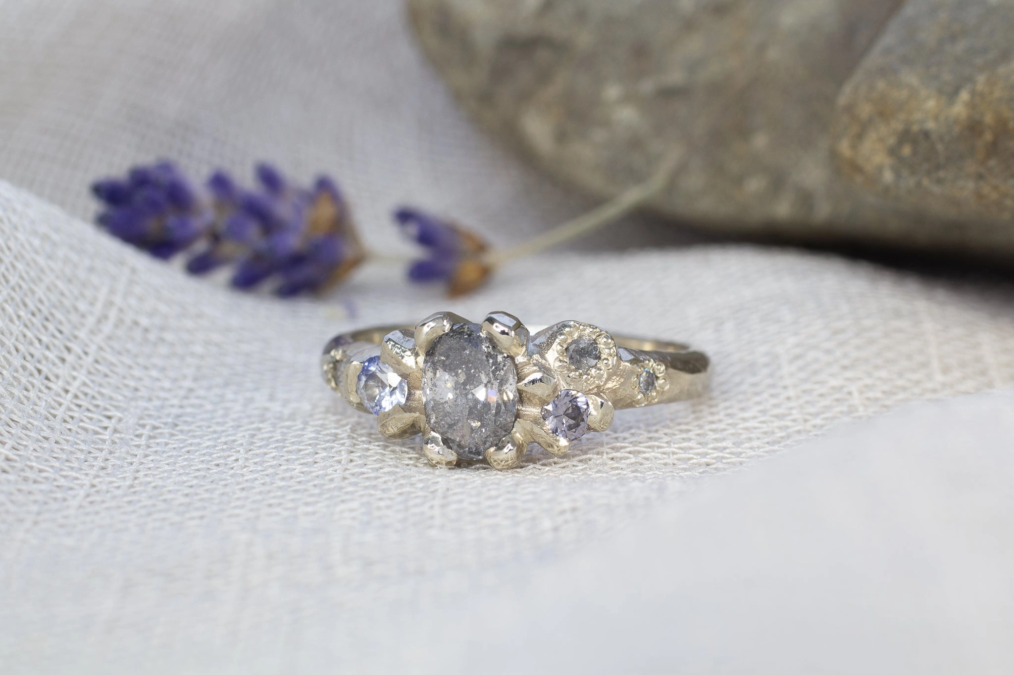 Cumulus Ring - 14ct White Gold with Salt and Pepper Diamonds, Spinel and Sapphire