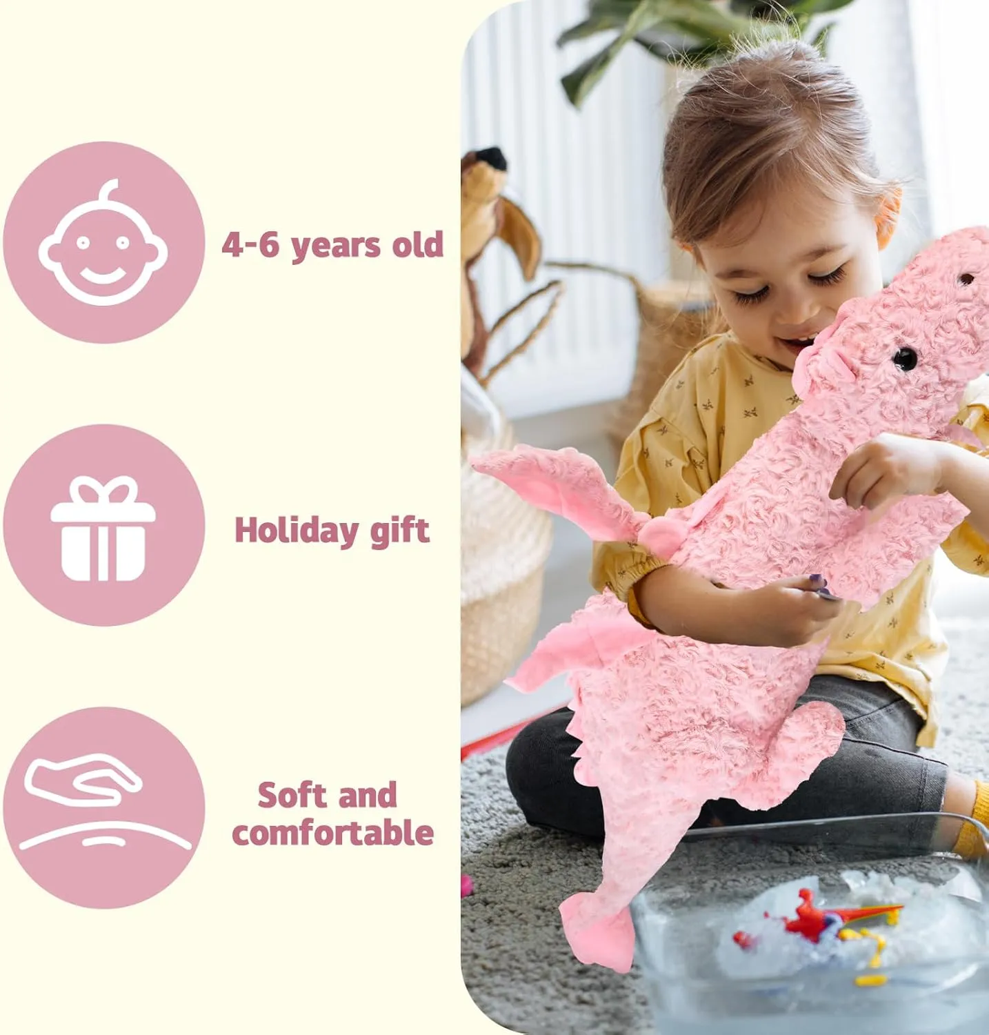 Cute Lucky Dragon Plush Pillow,Soft Flying Dragon Stuffed Animals-35.3inch Large Kawaii Dragon Animal Plushies Toy,Perfect Birthday Present for Adults and Children,Pink