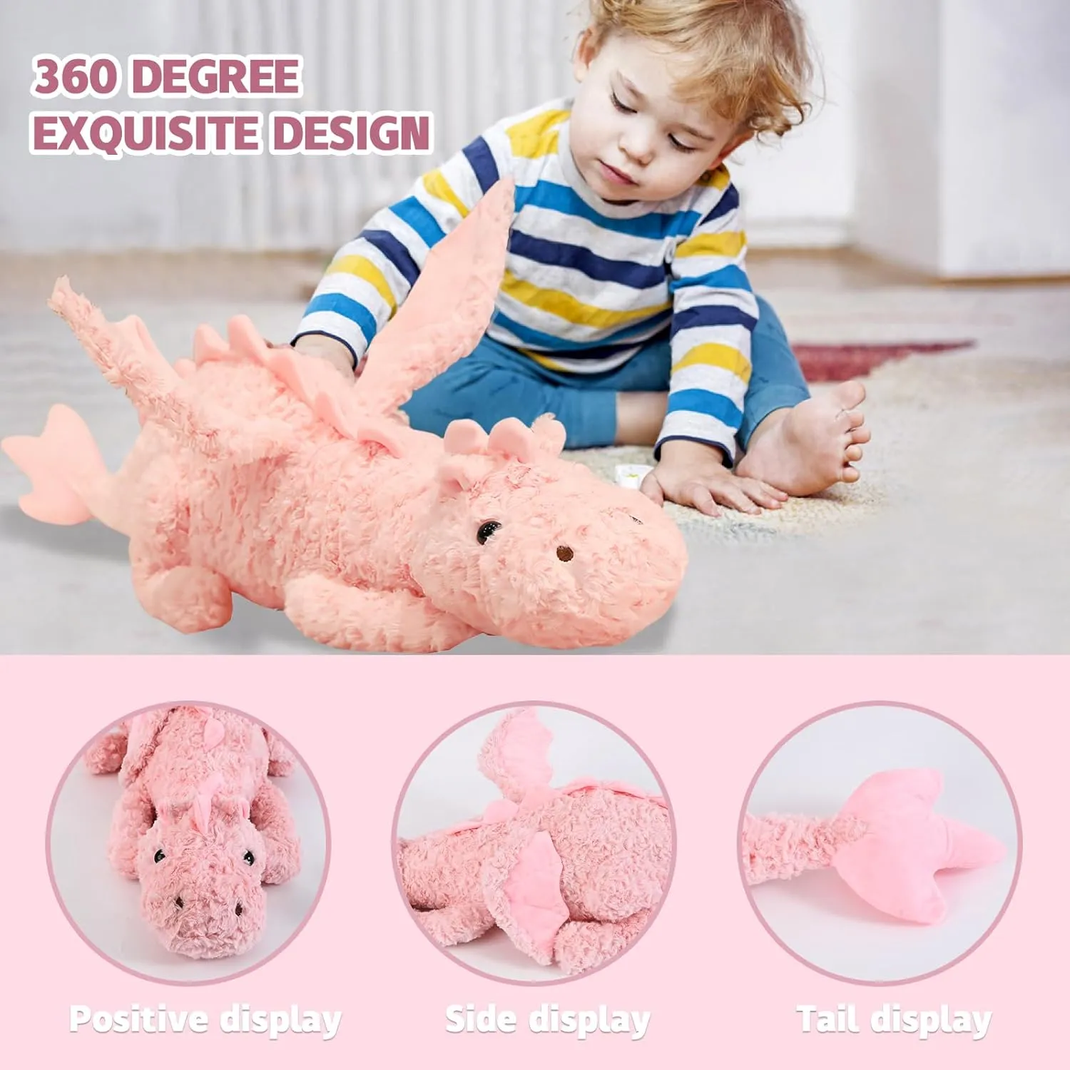 Cute Lucky Dragon Plush Pillow,Soft Flying Dragon Stuffed Animals-35.3inch Large Kawaii Dragon Animal Plushies Toy,Perfect Birthday Present for Adults and Children,Pink