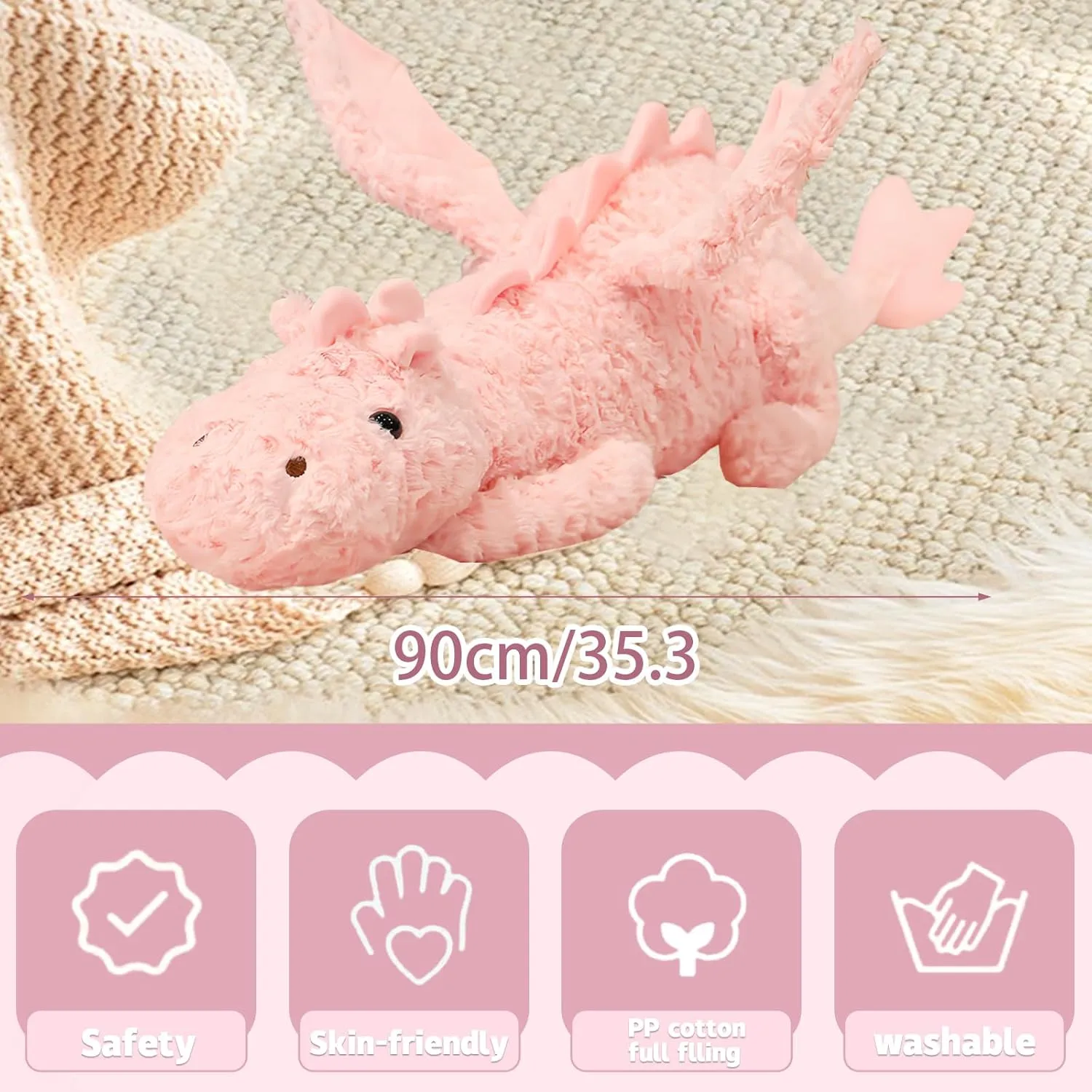 Cute Lucky Dragon Plush Pillow,Soft Flying Dragon Stuffed Animals-35.3inch Large Kawaii Dragon Animal Plushies Toy,Perfect Birthday Present for Adults and Children,Pink