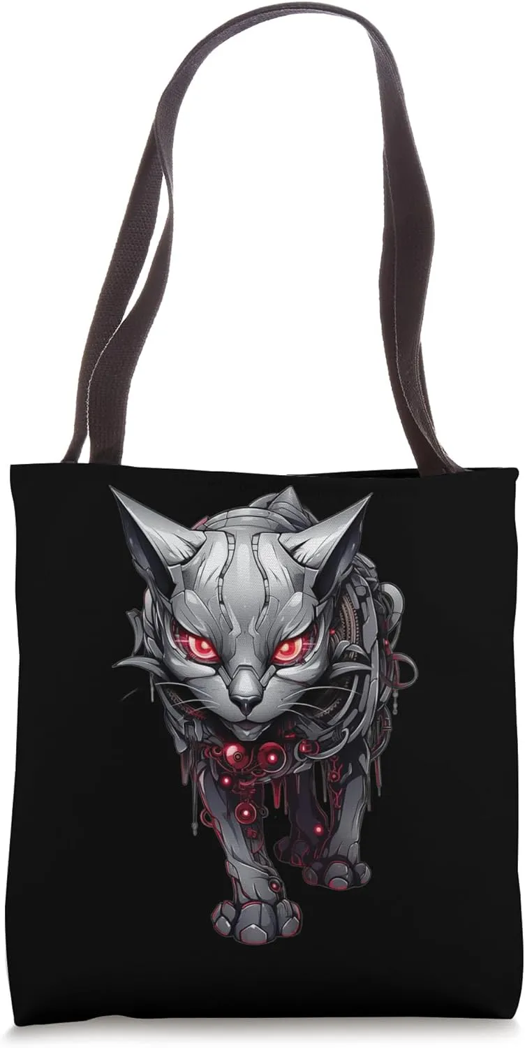 Cyberpunk Robot Cat: a sneaking Threat to Humanity Tote Bag