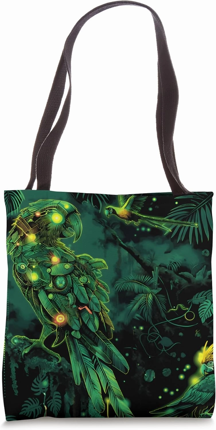 Cyberpunk Parrot in Robot Jungle with cybernetic enhancement Tote Bag