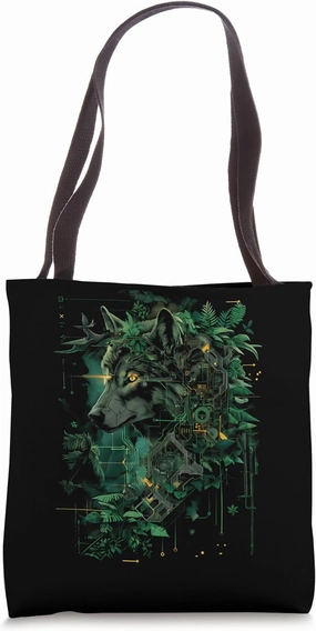Cyberpunk Wolf in Robotic Jungle with cybernetic enhancement Tote Bag