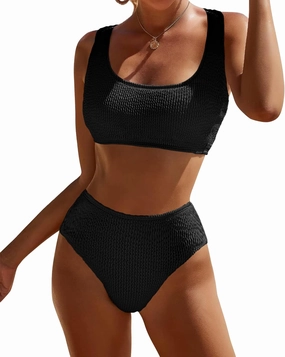 DaiLiWei High Waisted for Women Ribbed 2 Piece Bathing Suit Modest Full Coverage Bikini Sets Sporty Cute Swim Suits for Teens