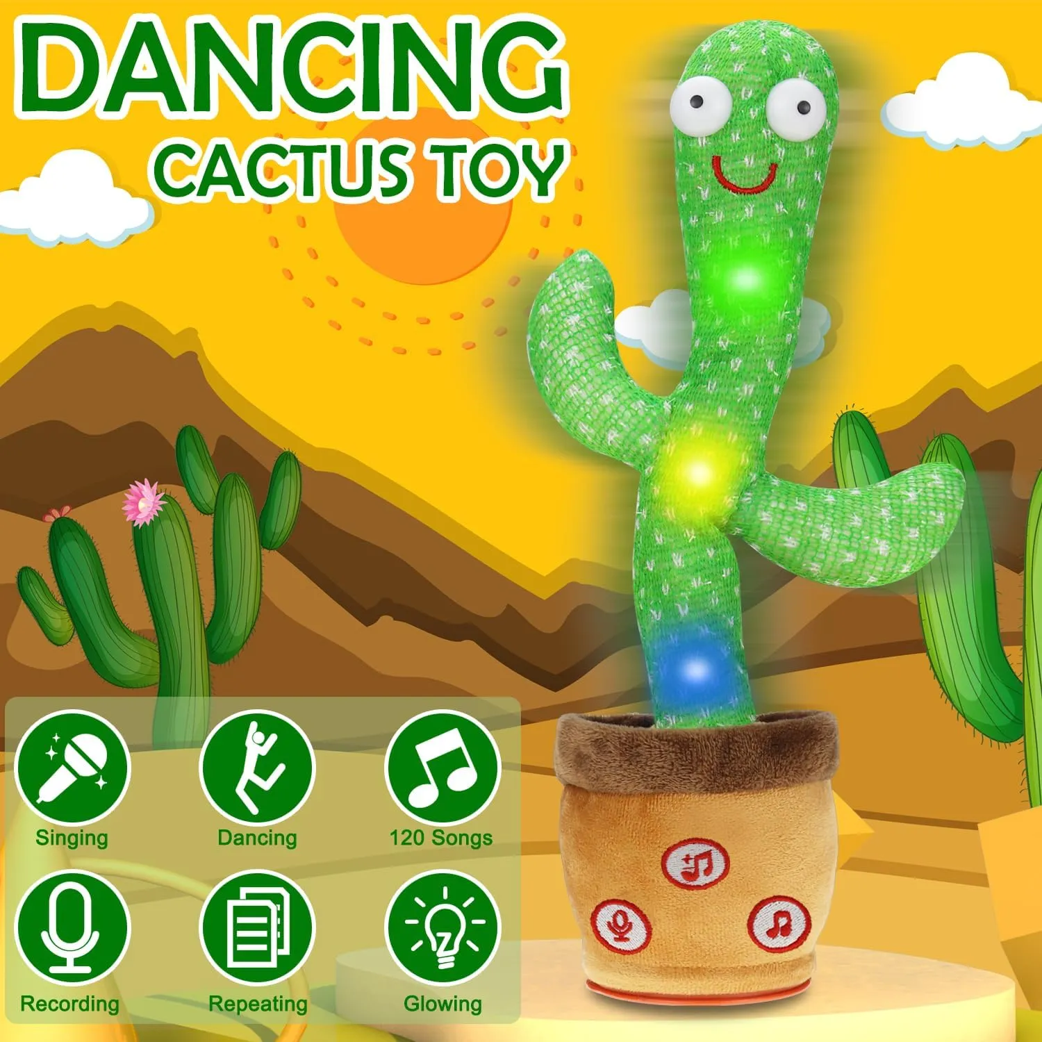 Dancing Cactus Talking Baby Toys, Talking Cactus Mimicking Toys Repeating What You Say Singing Recording with Volume Adjustable & 120 English Songs Plush Toy Birthday Gifts for Kids Boys Girls
