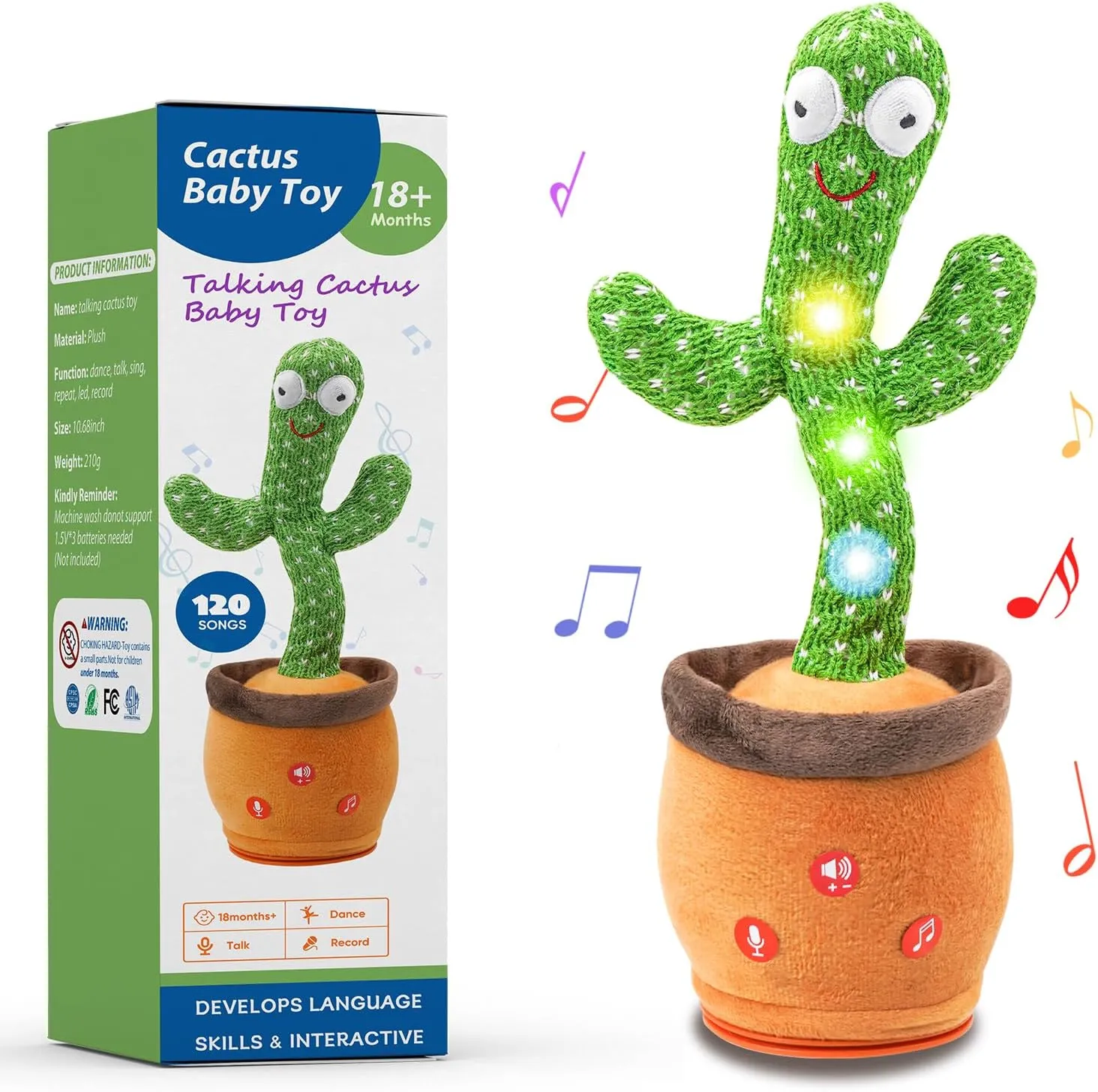 Dancing Talking Cactus Toy, Toddlers' Mimicking Singing Cactus Toy Records Repeats What You Say, 120 Songs with Adjustable Volume Baby Toys for Girls Boys for Christmas Birthday
