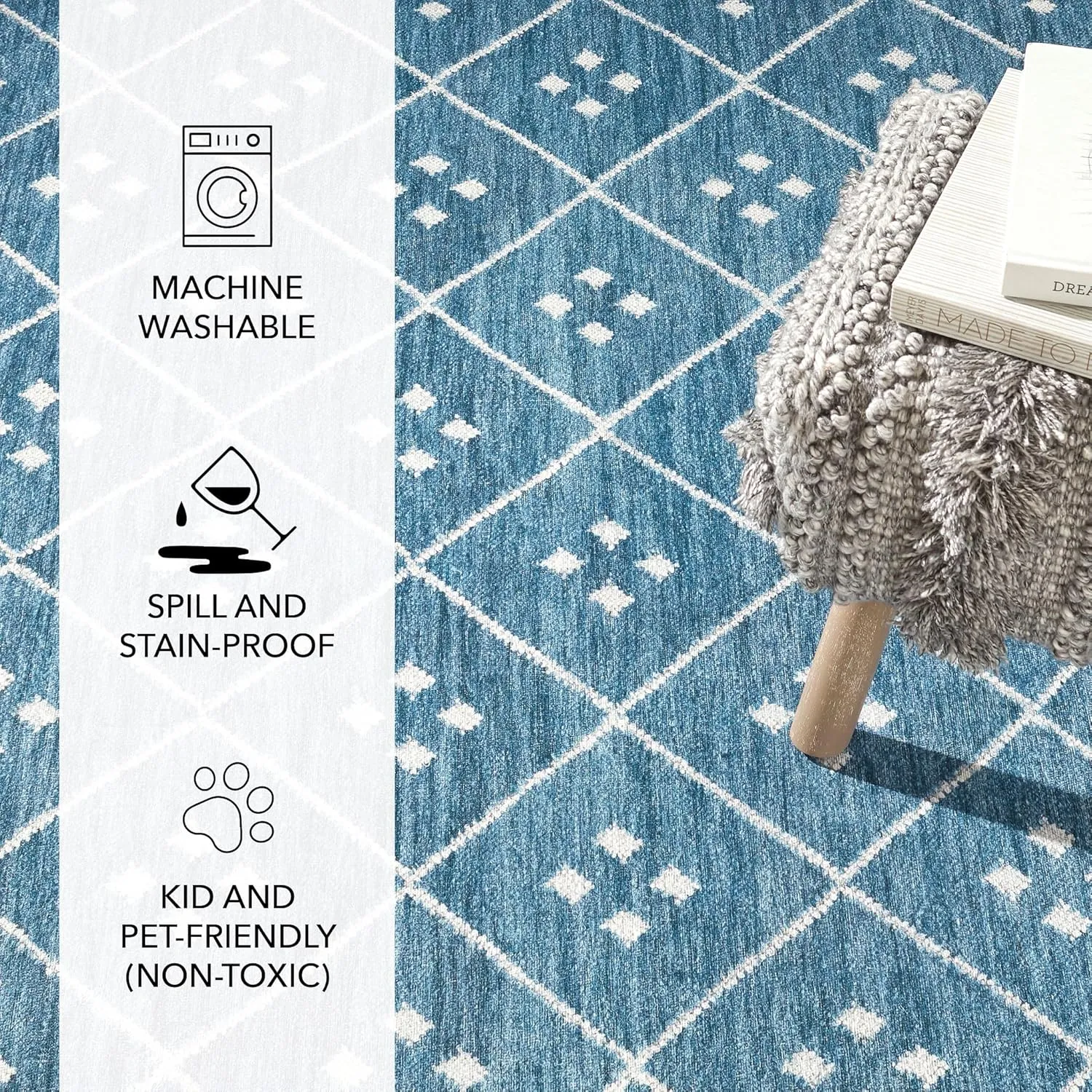 Dash and Albert Kota Machine Washable Area Rug - 5' x 8' Indigo - Diamond Accent Rug - Anti-Slip Backing, Lightweight, Machine Washable, High Traffic Areas Kitchen, Mudroom, Laundry Room