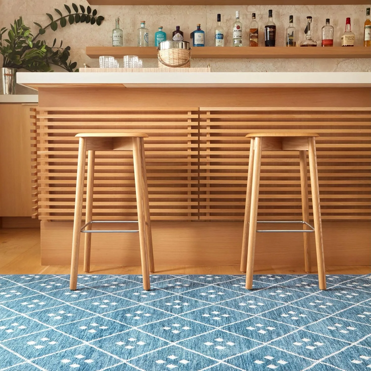 Dash and Albert Kota Machine Washable Area Rug - 5' x 8' Indigo - Diamond Accent Rug - Anti-Slip Backing, Lightweight, Machine Washable, High Traffic Areas Kitchen, Mudroom, Laundry Room