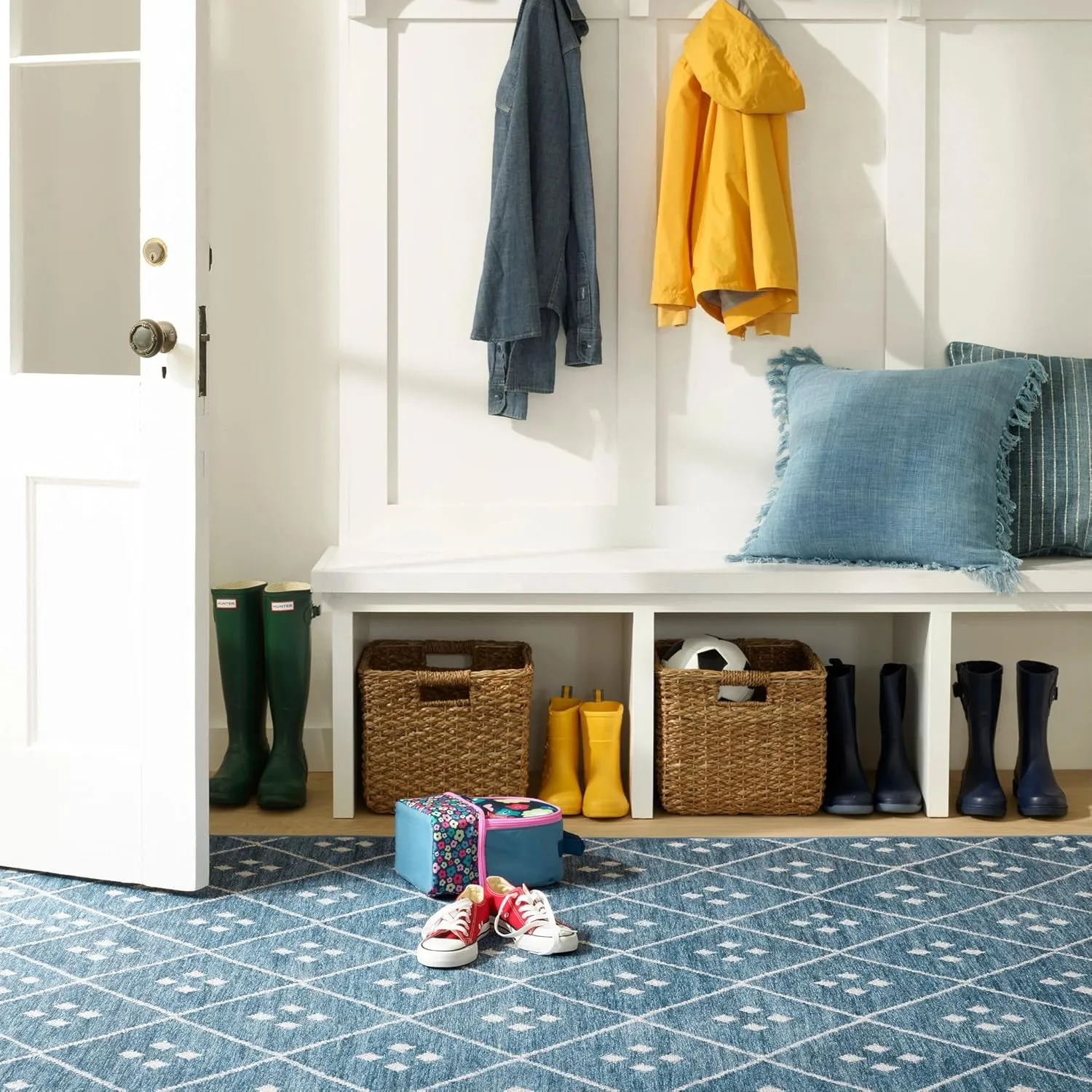 Dash and Albert Kota Machine Washable Area Rug - 5' x 8' Indigo - Diamond Accent Rug - Anti-Slip Backing, Lightweight, Machine Washable, High Traffic Areas Kitchen, Mudroom, Laundry Room
