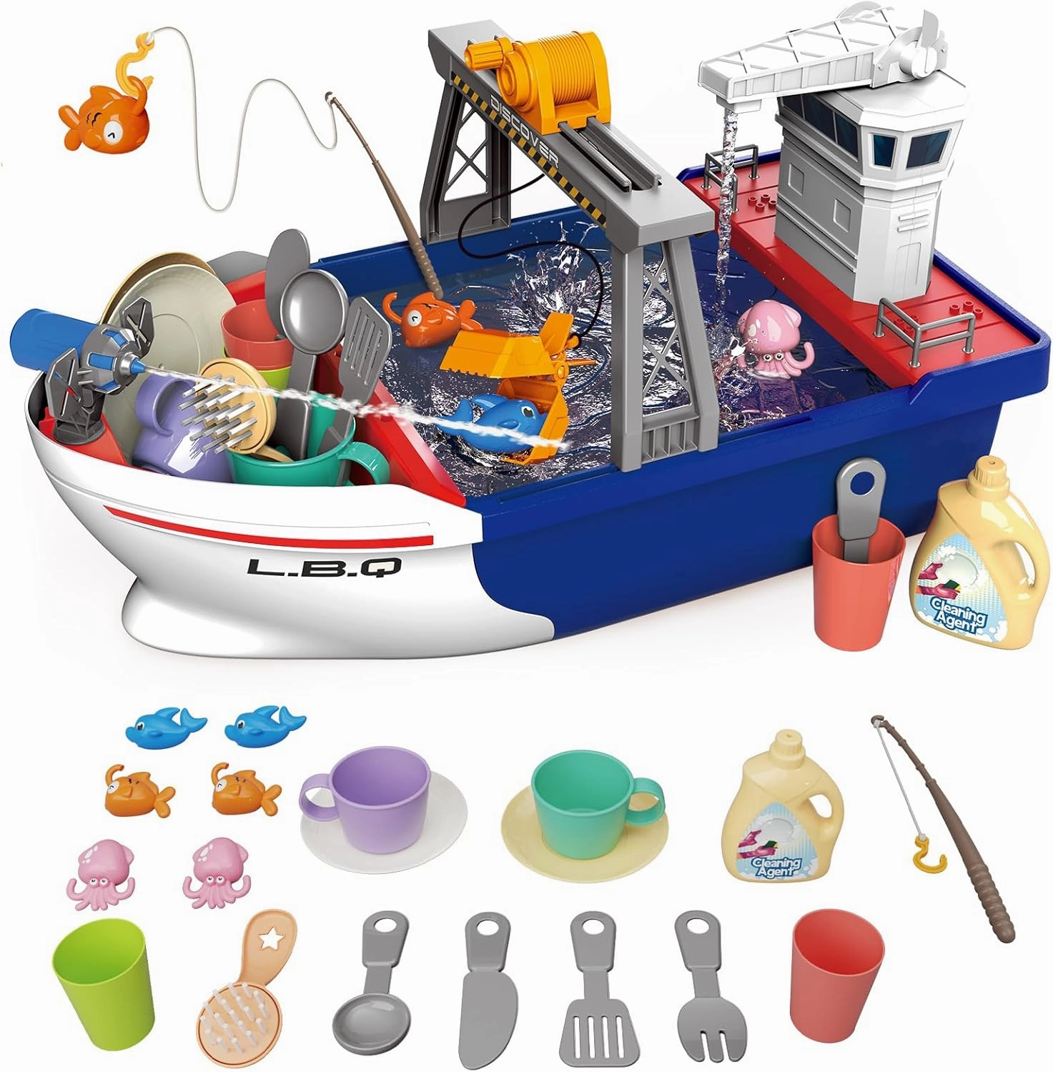 deAO 2-in-1 Play Sink with Running Water for Kids Sink & Fishing Boat Toy with Floating Fishes, Fishing Rod & Kitchen Accessories - Interactive Role Play Toy for Boys & Girls Ages 3 