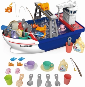 deAO 2-in-1 Play Sink with Running Water for Kids Sink & Fishing Boat Toy with Floating Fishes, Fishing Rod & Kitchen Accessories - Interactive Role Play Toy for Boys & Girls Ages 3 