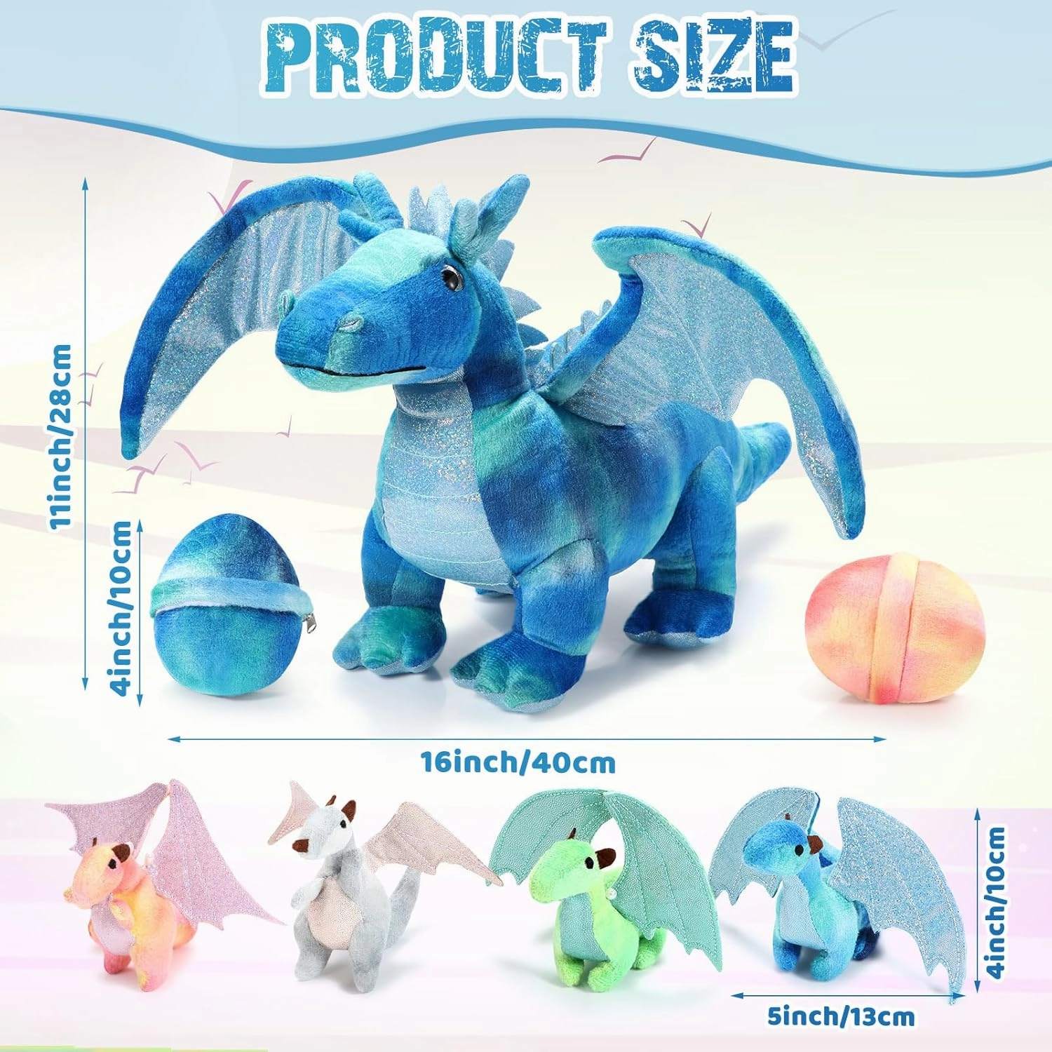 Deekin 7 Pcs Dragon Toy Set 16 Inch Large Dragon Stuffed Animal with 4 Baby Plush and 2 Eggs in Mommy's Belly Dinosaur Plushies Gifts for Boys Girls Birthday Christmas(Bright Style)