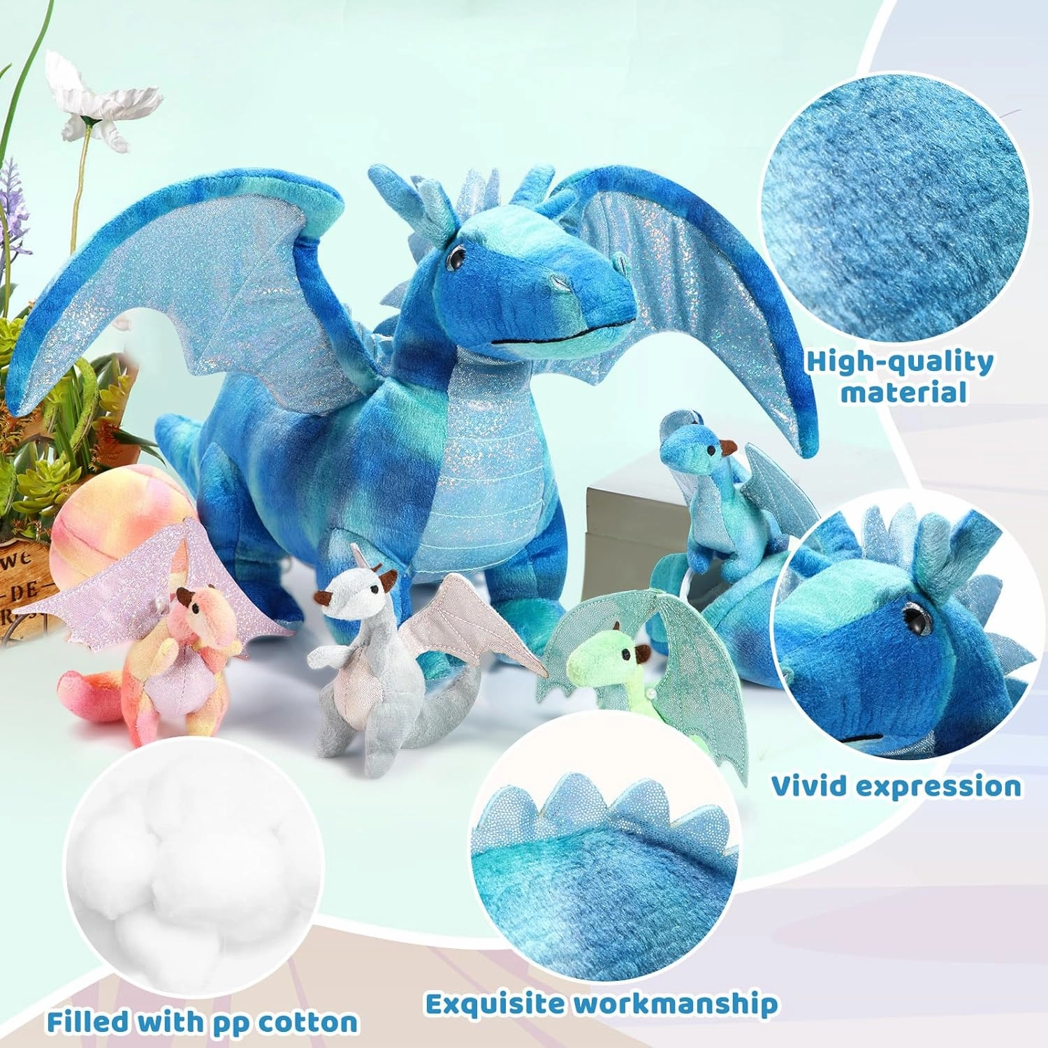 Deekin 7 Pcs Dragon Toy Set 16 Inch Large Dragon Stuffed Animal with 4 Baby Plush and 2 Eggs in Mommy's Belly Dinosaur Plushies Gifts for Boys Girls Birthday Christmas(Bright Style)