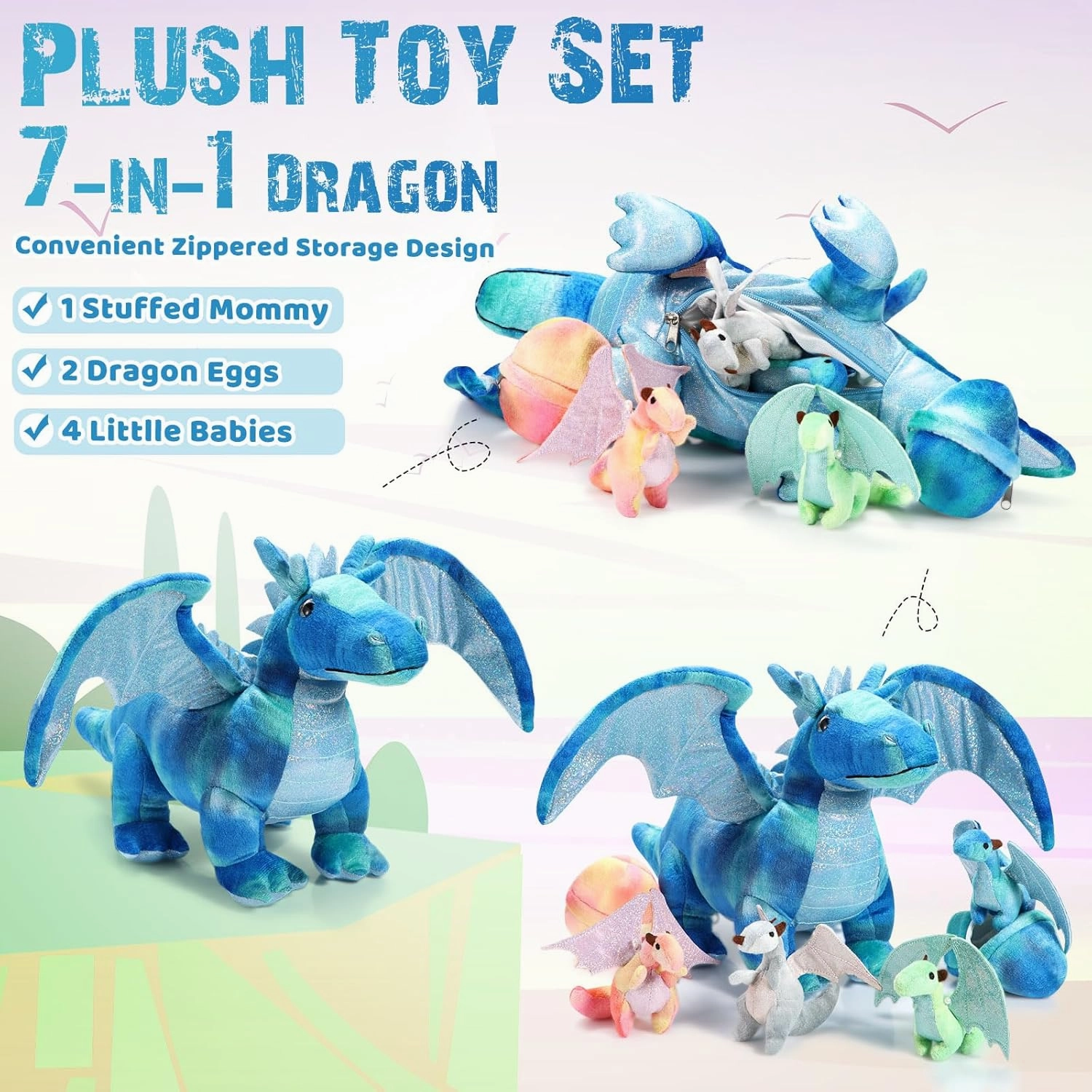 Deekin 7 Pcs Dragon Toy Set 16 Inch Large Dragon Stuffed Animal with 4 Baby Plush and 2 Eggs in Mommy's Belly Dinosaur Plushies Gifts for Boys Girls Birthday Christmas(Bright Style)