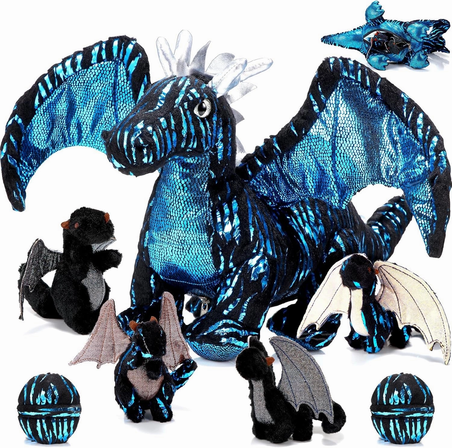 Deekin 7 Pcs Dragon Toy Set 16 Inch Large Dragon Stuffed Animal with 4 Baby Plush and 2 Eggs in Mommy's Belly Dinosaur Plushies Gifts for Boys Girls Birthday Christmas(Cool Style)