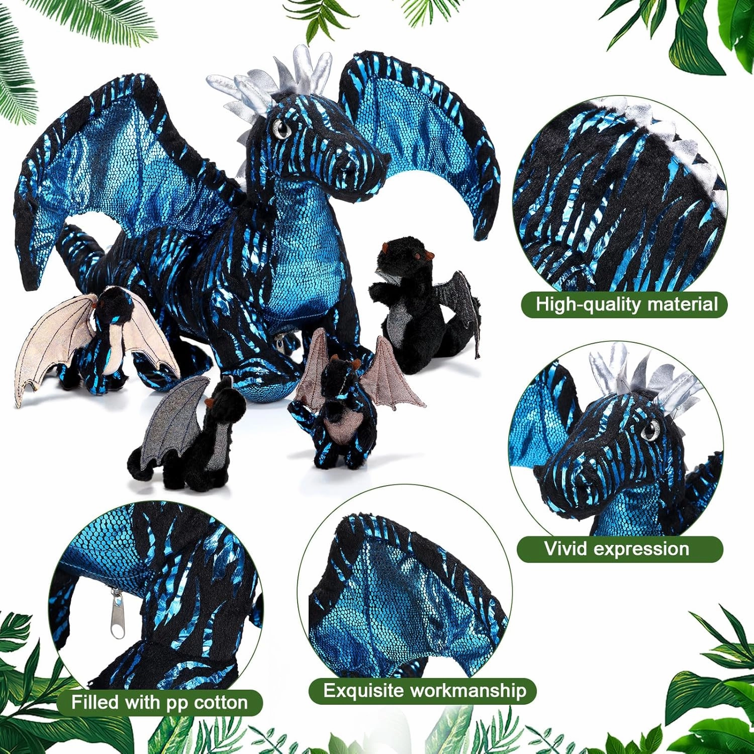 Deekin 7 Pcs Dragon Toy Set 16 Inch Large Dragon Stuffed Animal with 4 Baby Plush and 2 Eggs in Mommy's Belly Dinosaur Plushies Gifts for Boys Girls Birthday Christmas(Cool Style)