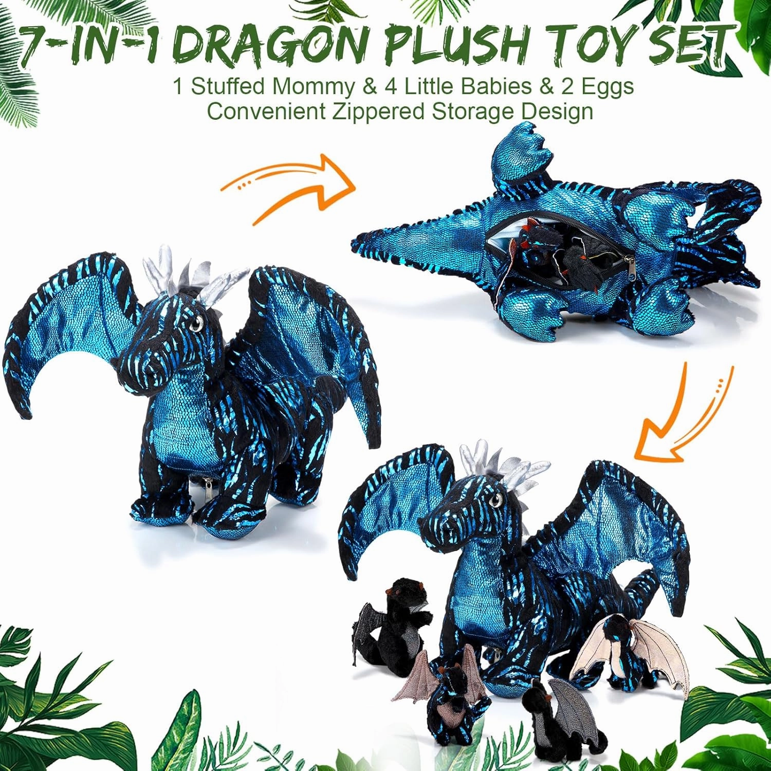 Deekin 7 Pcs Dragon Toy Set 16 Inch Large Dragon Stuffed Animal with 4 Baby Plush and 2 Eggs in Mommy's Belly Dinosaur Plushies Gifts for Boys Girls Birthday Christmas(Cool Style)