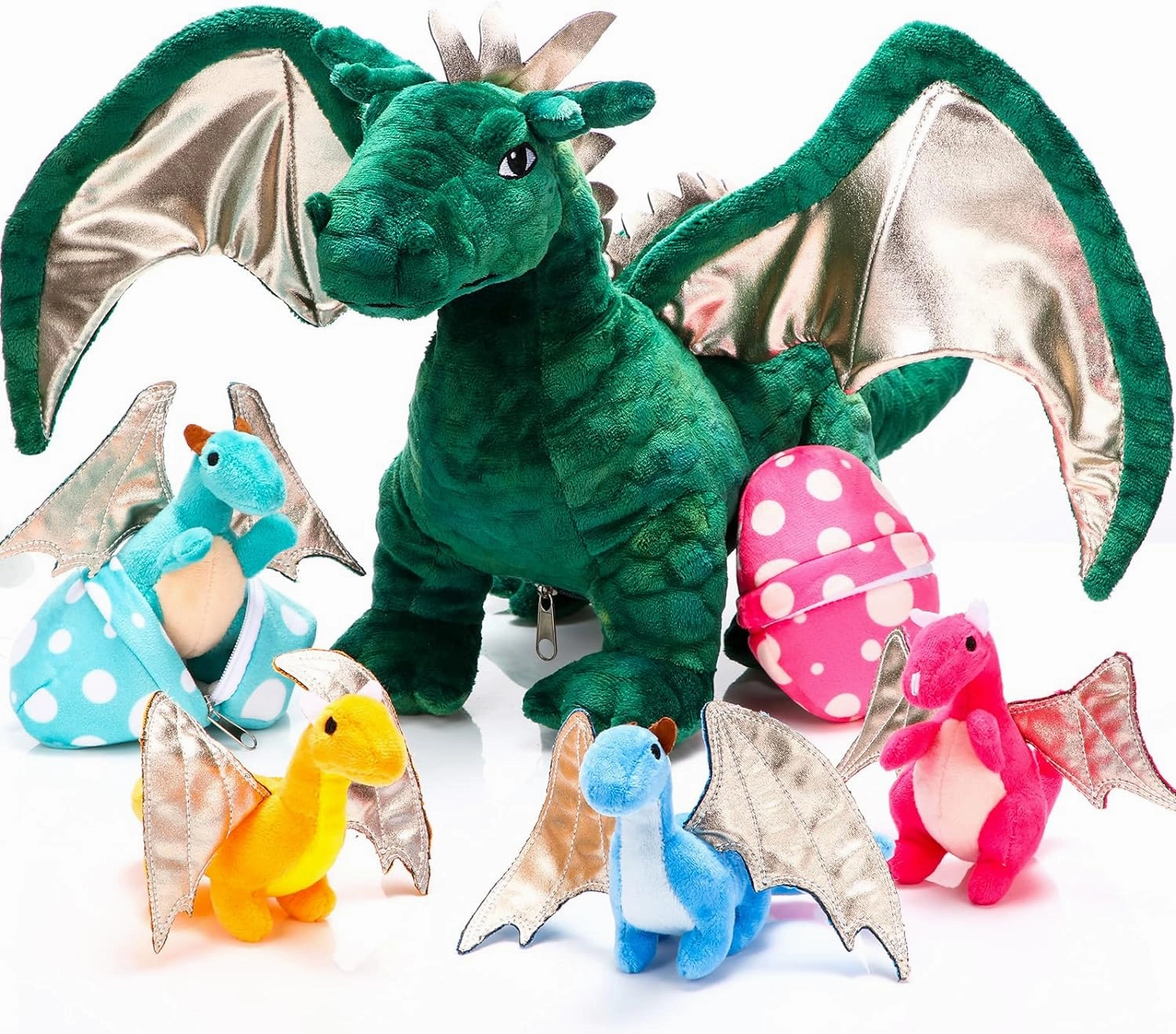 Deekin 7 Pcs Dragon Toy Set 16 Inch Large Dragon Stuffed Animal with 4 Baby Plush and 2 Eggs in Mommy's Belly Dinosaur Plushies Gifts for Boys Girls Birthday Christmas(Cute Style)
