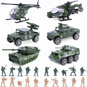 Diecast Military Vehicle Set 26 Pack Alloy Metal Model Car Toy 20 Pack Soldier Army Men Mini Army Toy Tank Panzer Helicopter Anti-Aircraft Vehicle Party Favors Kids Girls Boys