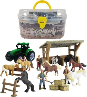 DINOBROS Horse Stable Playset Toys for Boys and Girls Ages 3 and Up includes 8 Horses and Accessories 17 Piece Horse Stall Farm Set with Portable Case